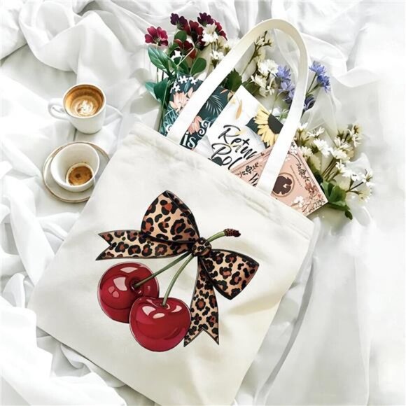 Reusable Canvas Shoulder Bag with Cherry Graphic Design - Picture 3 of 7